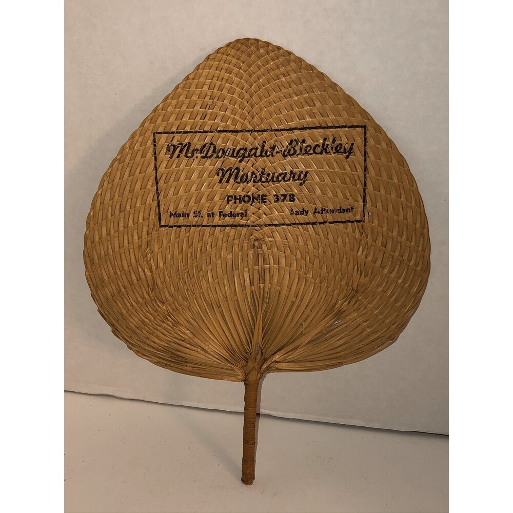 Vintage 20s 30s Wicker Woven Hand Fan McDougald-Bleckley Mortuary ANDERSON SC